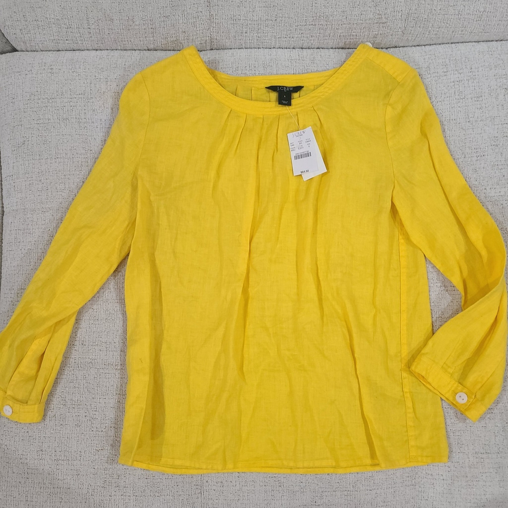 NEW J Crew Women Linen Cabana Top Bright Yellow Shirt Long Sleeve Popover Resort